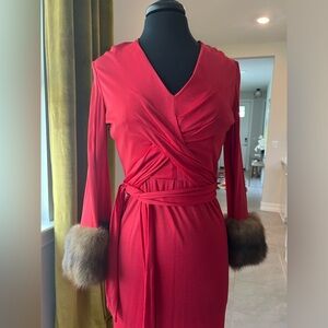 Sexy Sultry Siren! Rare Bill Blass 1970s Vintage Jersey Dress Sable Cuffs Sz 6
